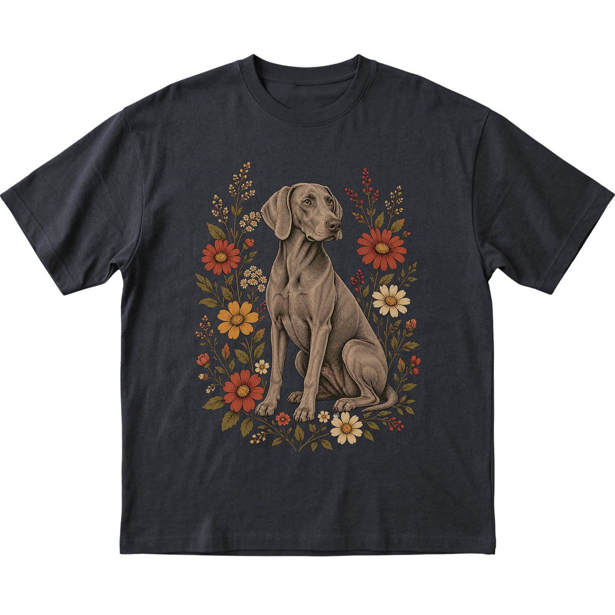 Black Softstyle T-shirt with Weimaraner portrait and wildflowers, flat lay