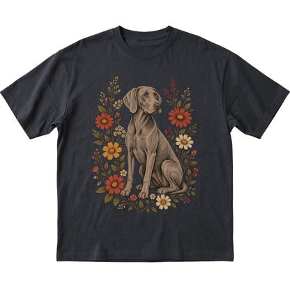 Black Softstyle T-shirt with Weimaraner portrait and wildflowers, flat lay