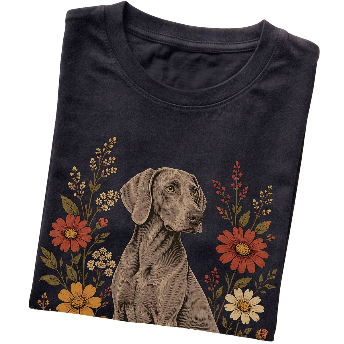 Black Softstyle T-shirt with Weimaraner portrait and wildflowers, folded view
