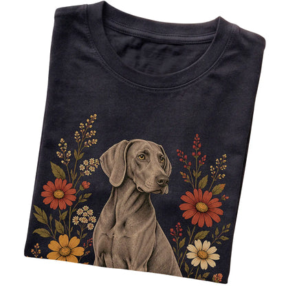 Black Softstyle T-shirt with Weimaraner portrait and wildflowers, folded view