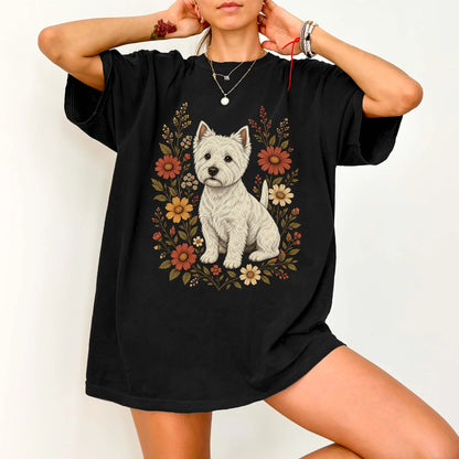 Model wearing a Black Comfort Colors® T-shirt showing Westie portrait surrounded by wildflowers beneath the moon