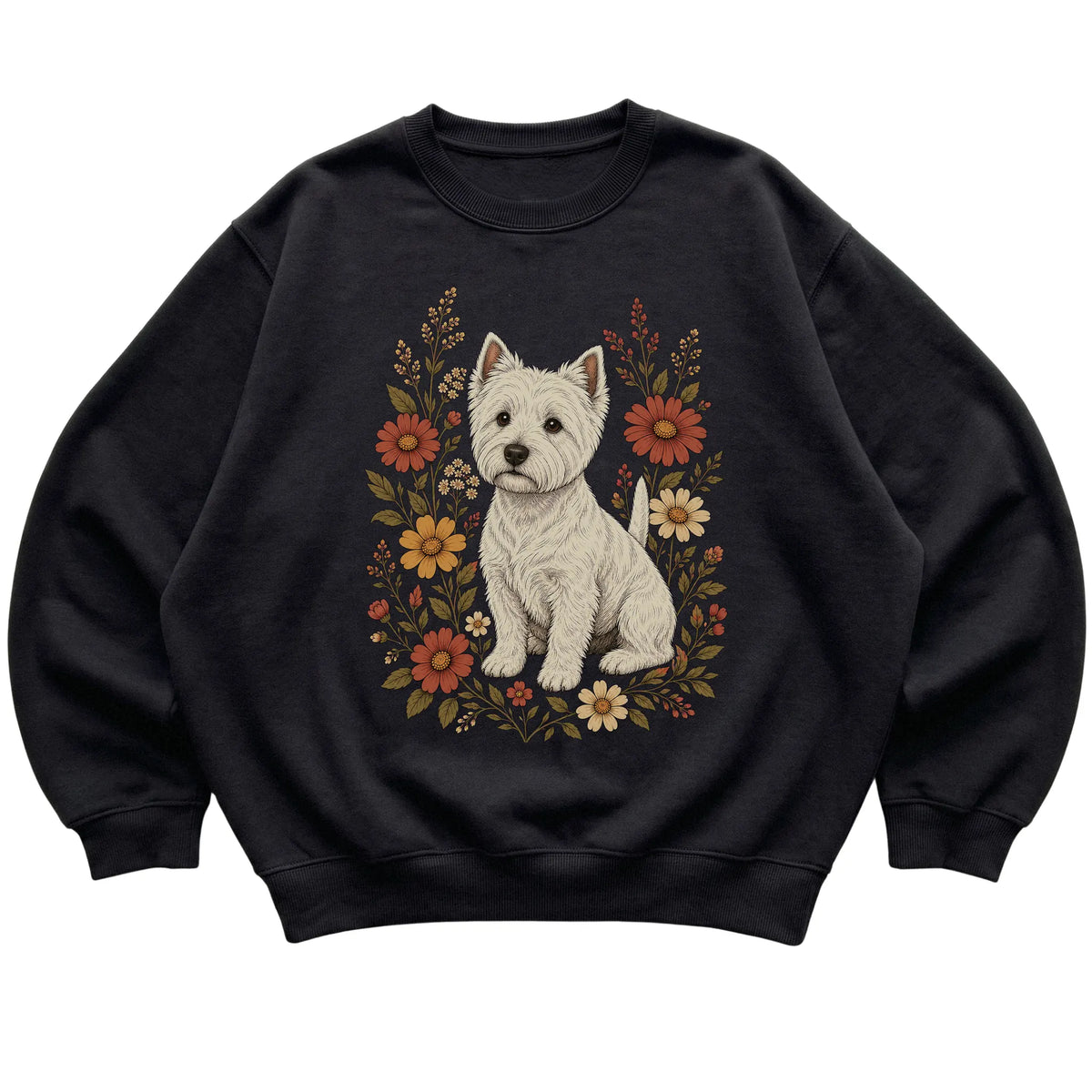 Black crewneck sweatshirt with Westie portrait and wildflowers, flat lay