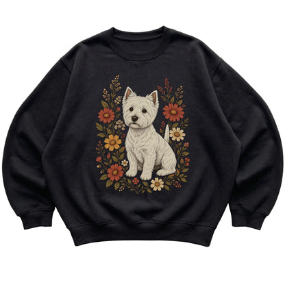 Black crewneck sweatshirt with Westie portrait and wildflowers, flat lay