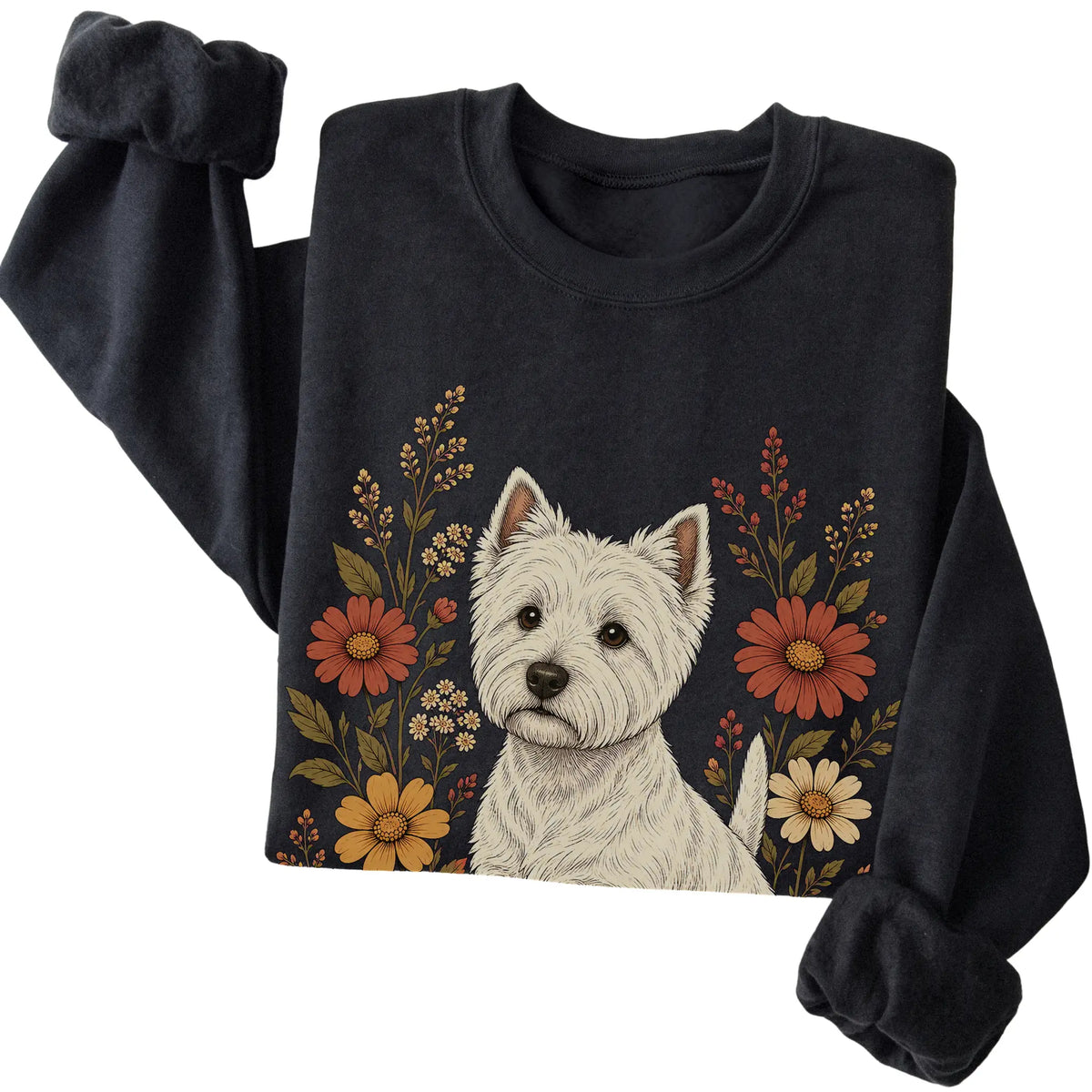 Black crewneck sweatshirt with Westie portrait and wildflowers, folded view