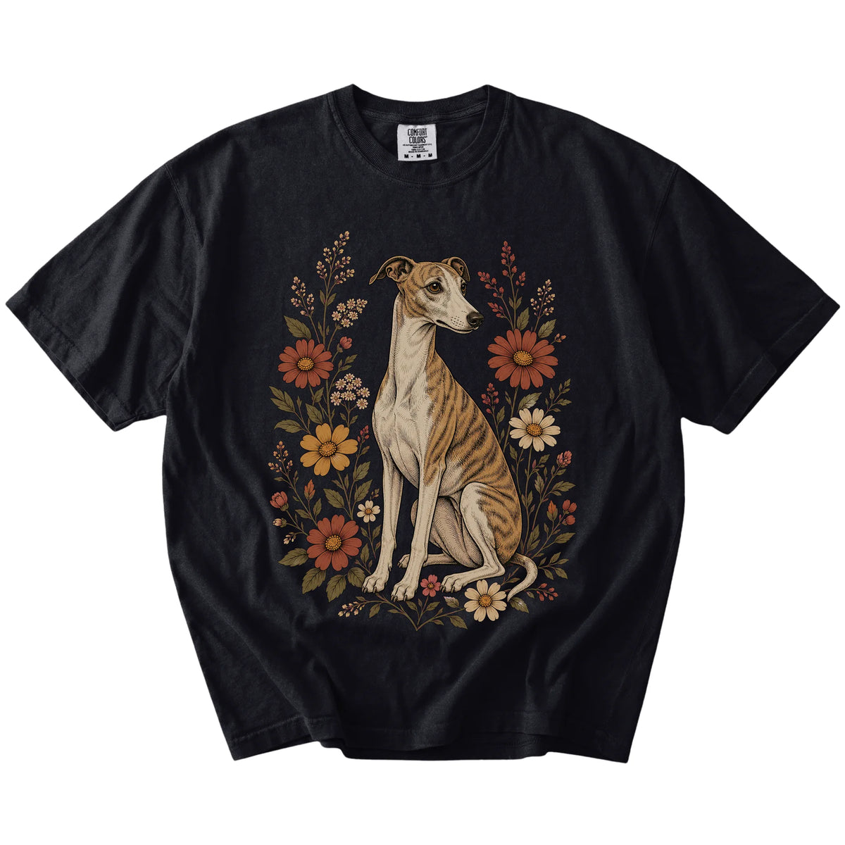 Whippet portrait surrounded by wildflowers beneath the moon on a Black Comfort Colors® T-shirt