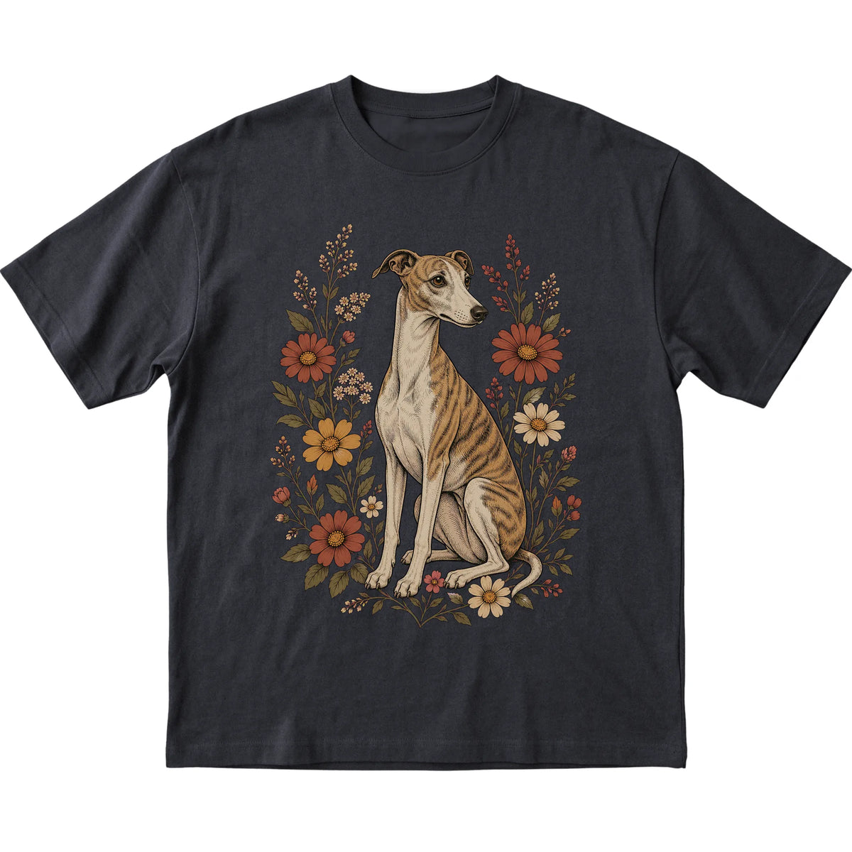 Black Softstyle T-shirt with Whippet portrait and wildflowers, flat lay