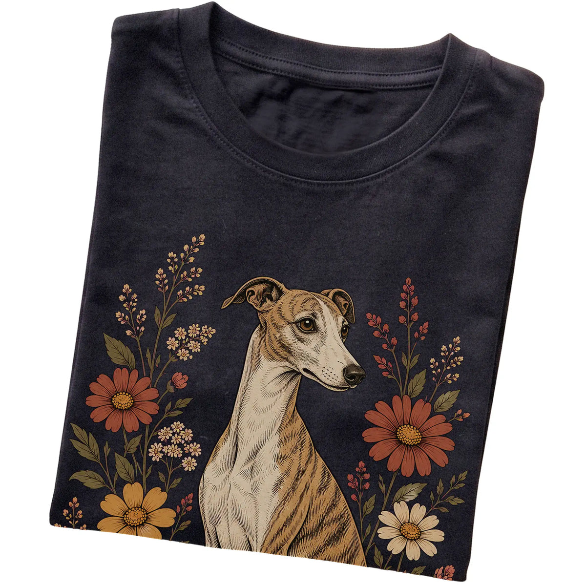 Black Softstyle T-shirt with Whippet portrait and wildflowers, folded view