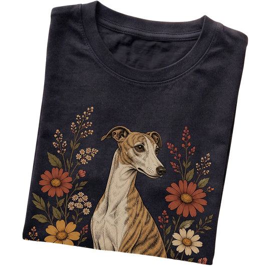 Black Softstyle T-shirt with Whippet portrait and wildflowers, folded view
