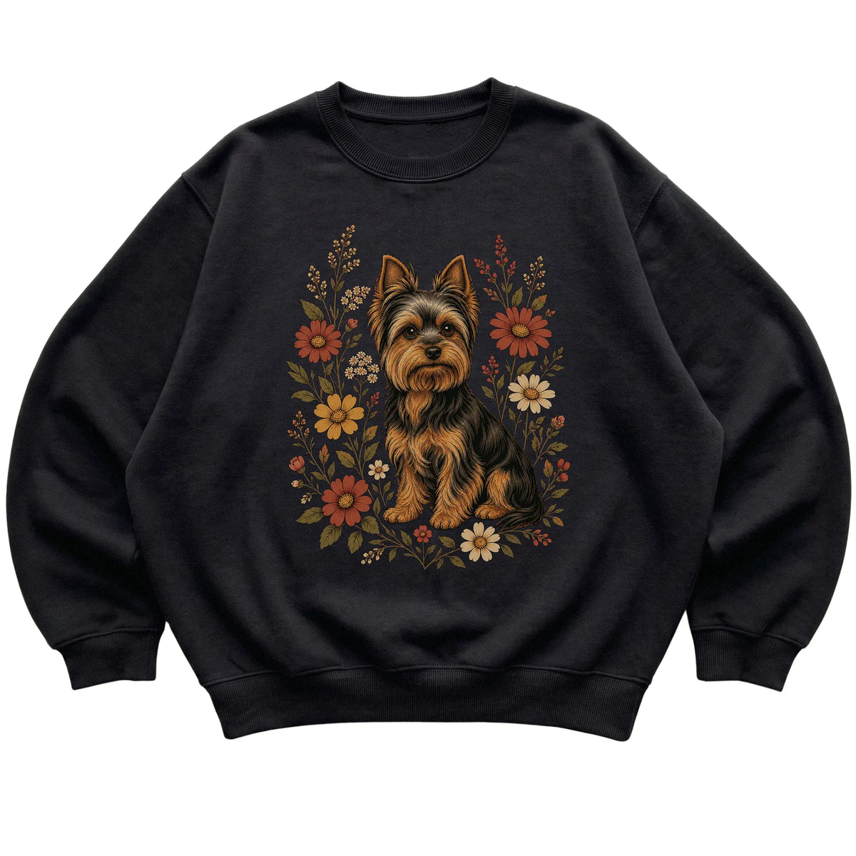 Black crewneck sweatshirt with Yorkie portrait and wildflowers, flat lay