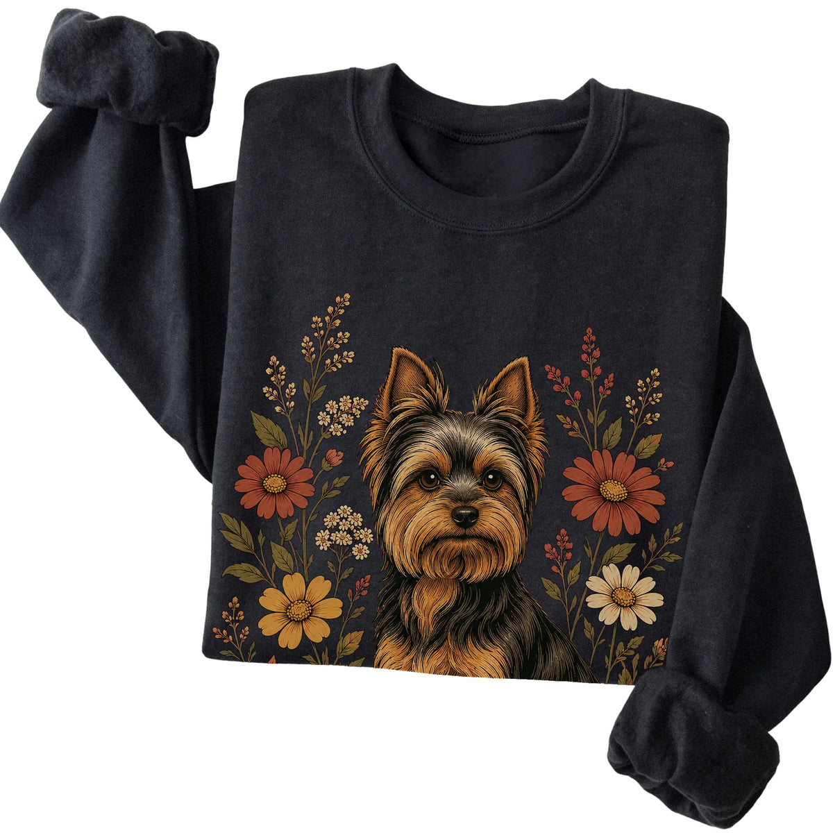 Black crewneck sweatshirt with Yorkie portrait and wildflowers, folded view