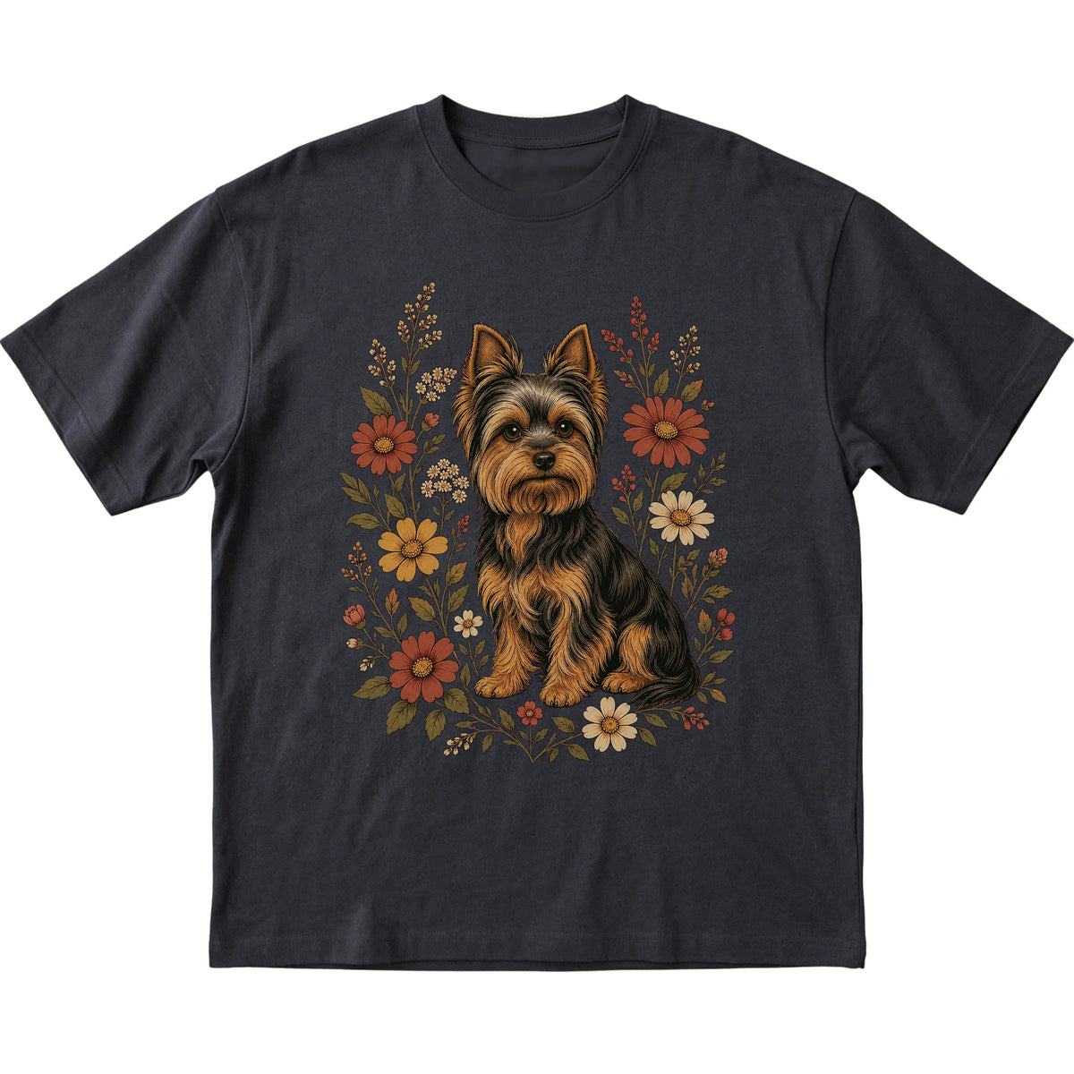 Black Softstyle T-shirt with Yorkie portrait and wildflowers, flat lay
