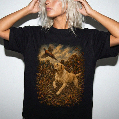 Woman wearing a Black Yellow Lab Pheasant Hunting T-Shirt