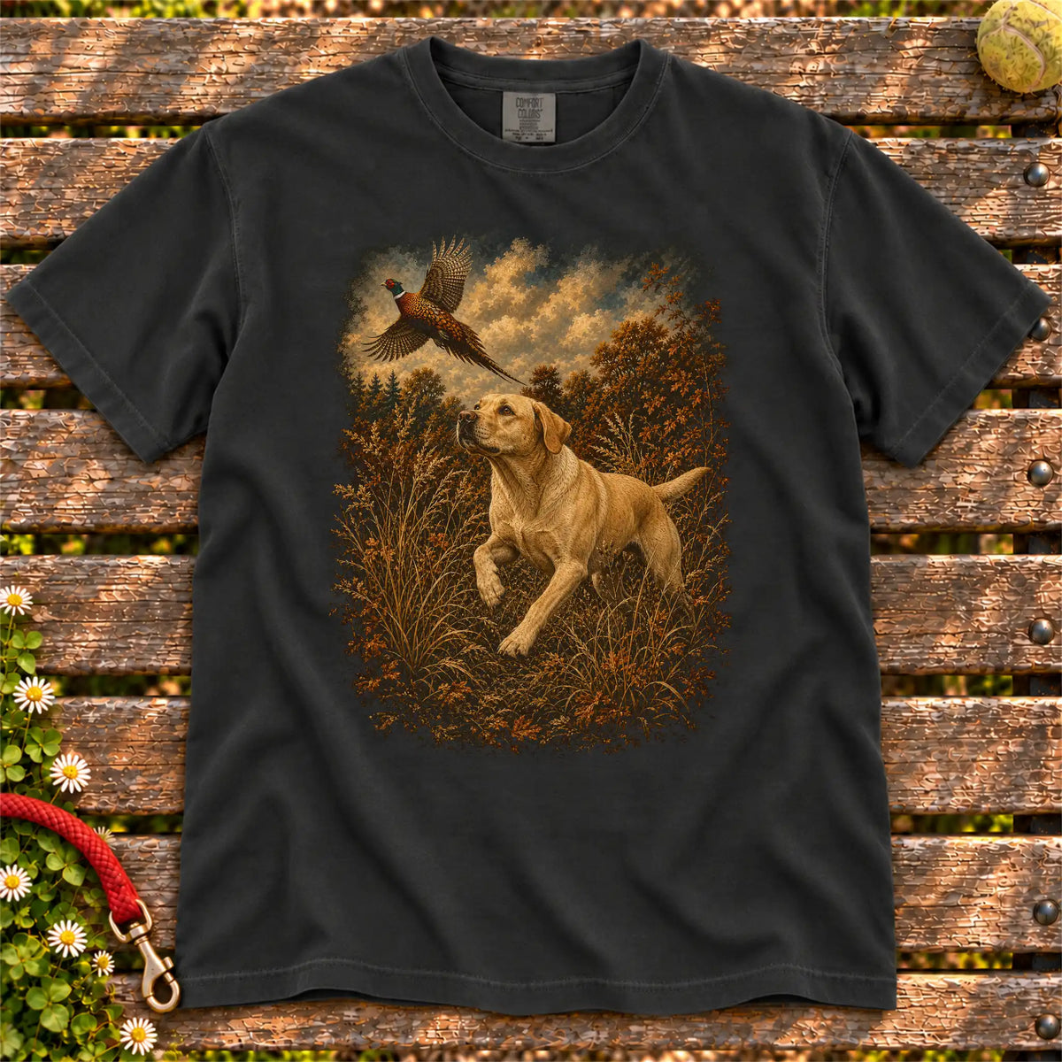 Labrador Retriever Yellow Lab Pheasant Hunting on a Black T-shirt, shown flat