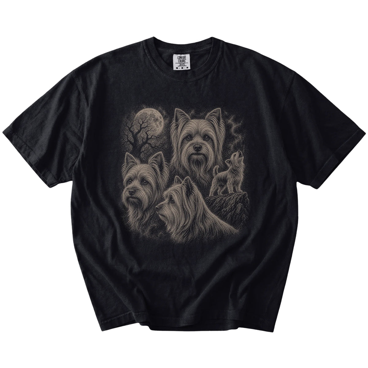 Vintage moon montage featuring Yorkie on a Black Comfort Colors® T-shirt