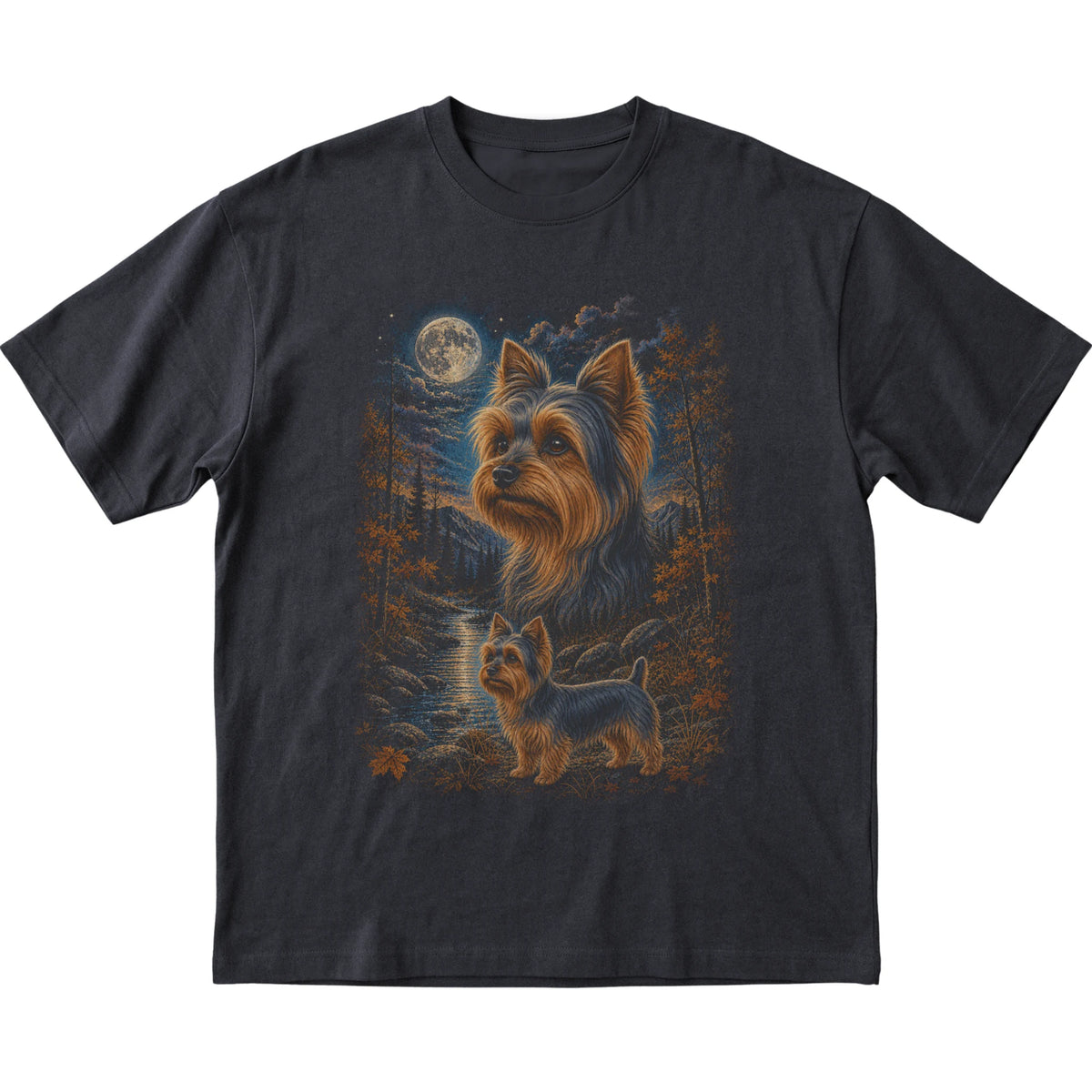 black T-shirt with Yorkie Autumn Moon artwork.