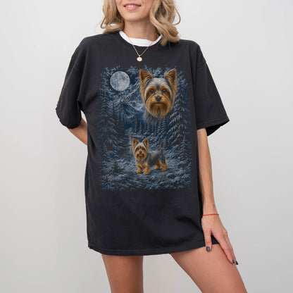 Person wearing a Black Yorkie winter forest t-shirt