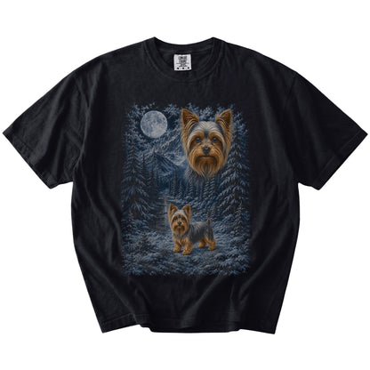 Yorkie in a snowy winter forest on a Black t-shirt
