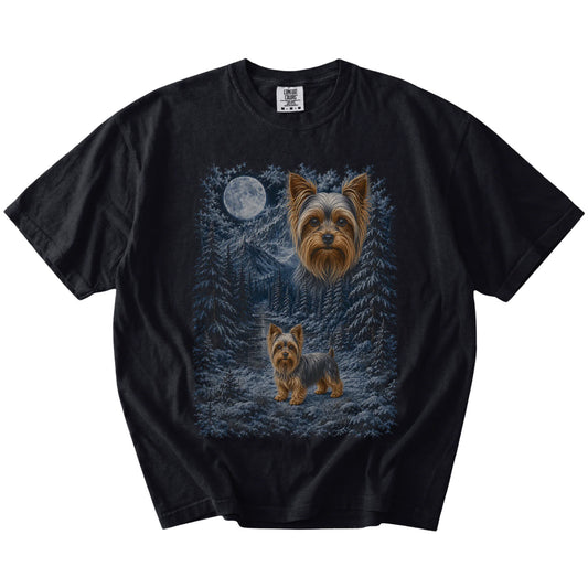 Yorkie in a snowy winter forest on a Black t-shirt