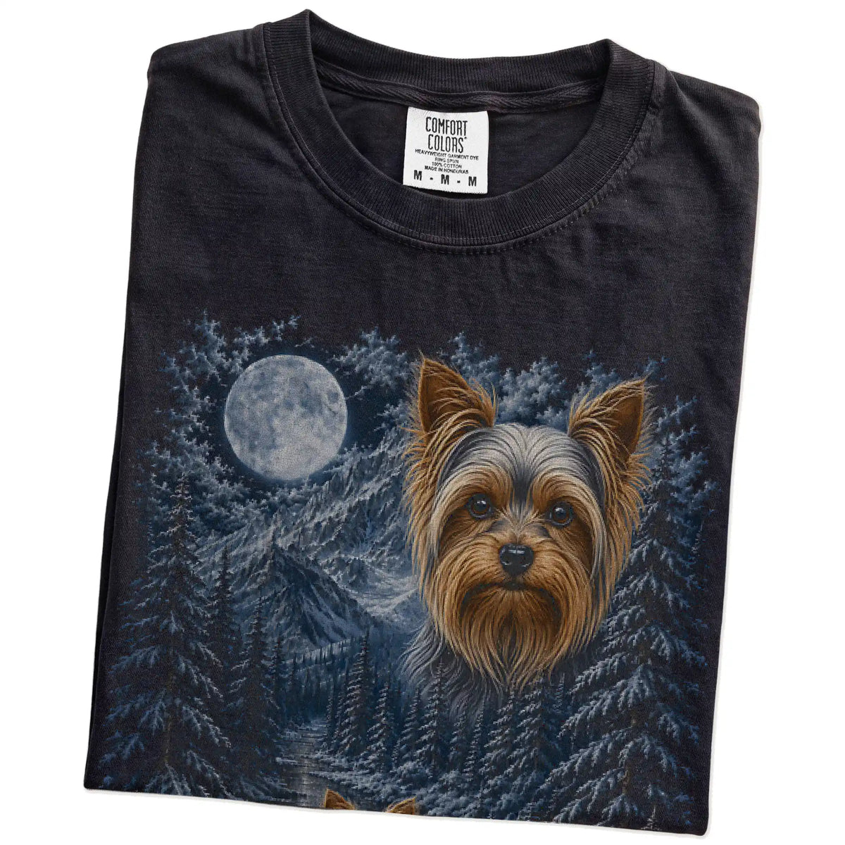 Folded Black Yorkie winter forest t-shirt