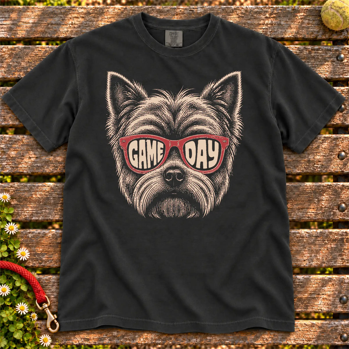 Yorkie Game Day design on a Black Comfort Colors T-shirt, shown flat