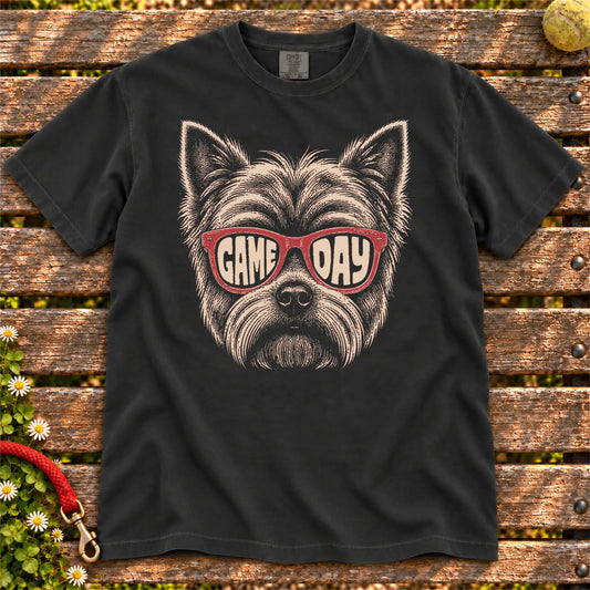 Yorkie Game Day design on a Black Comfort Colors T-shirt, shown flat