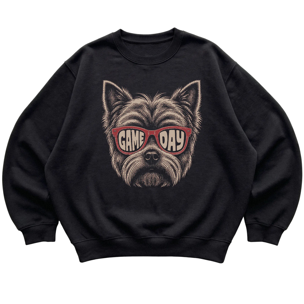Yorkie Game Day design on a Black sweatshirt, flat lay