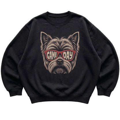 Yorkie Game Day design on a Black sweatshirt, flat lay