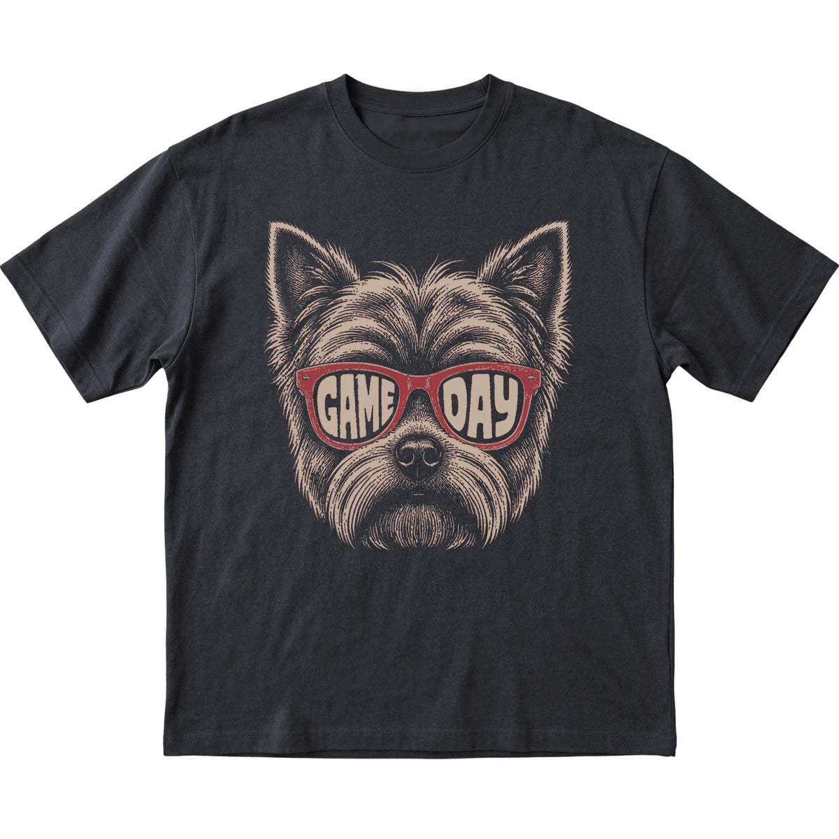 Yorkie Game Day design on a Black t-shirt, flat lay