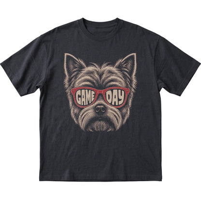Yorkie Game Day design on a Black t-shirt, flat lay