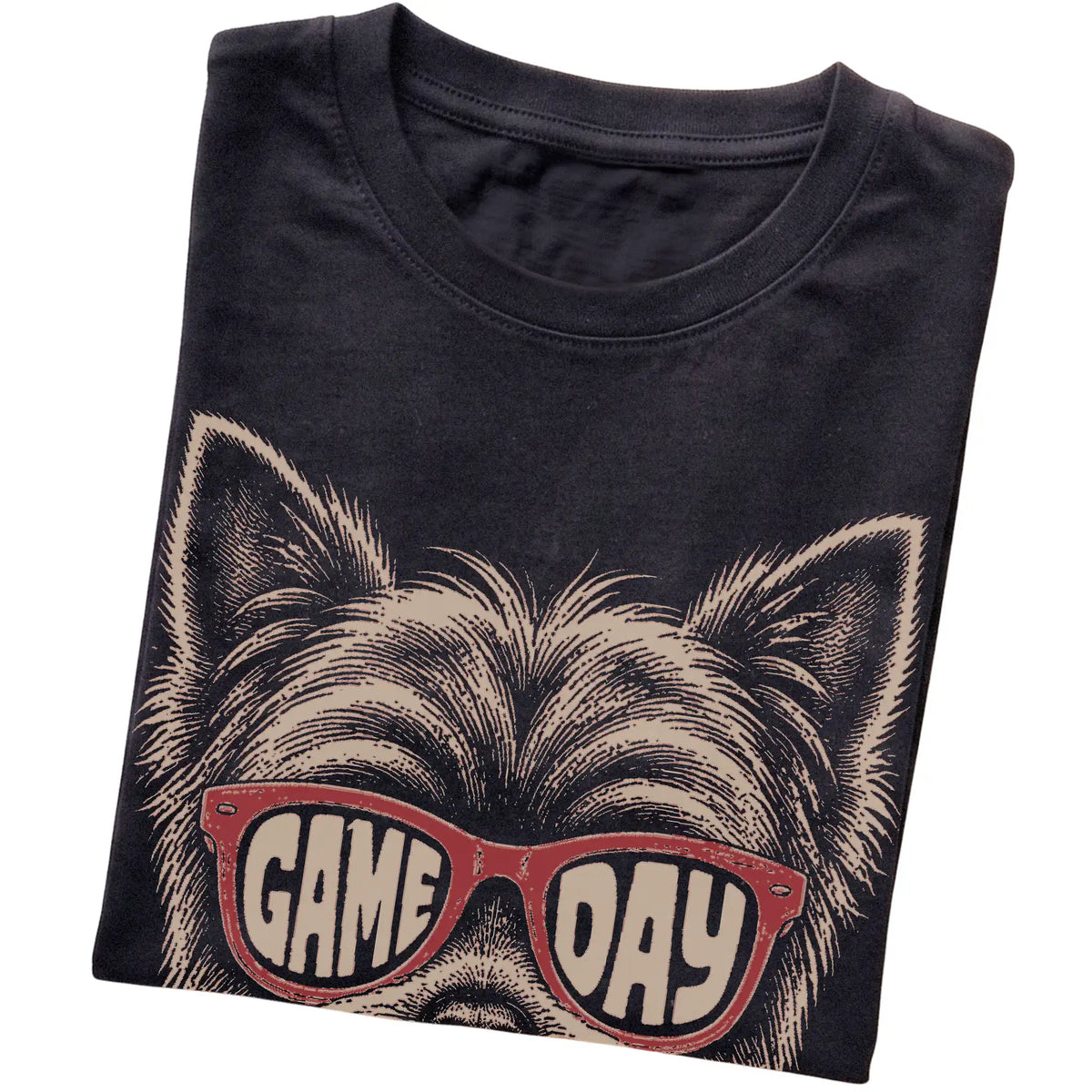 Yorkie Game Day design on a Black t-shirt, folded view