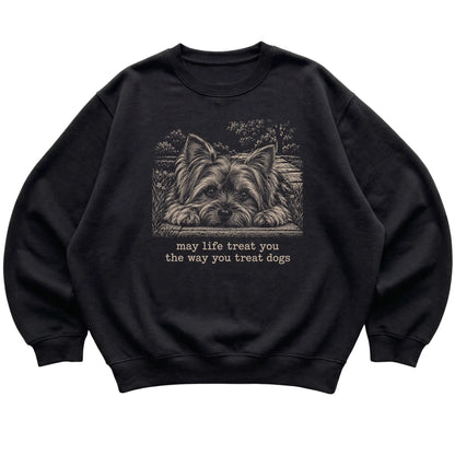 Yorkie Karma crewneck sweatshirt in Black — Flat Lay