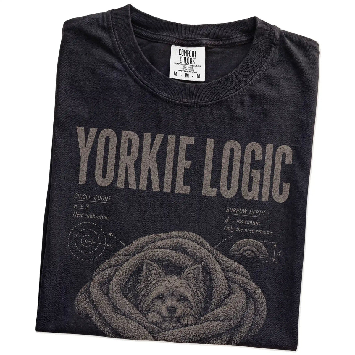 Folded Black Yorkie Logic T-Shirt showing the graphic