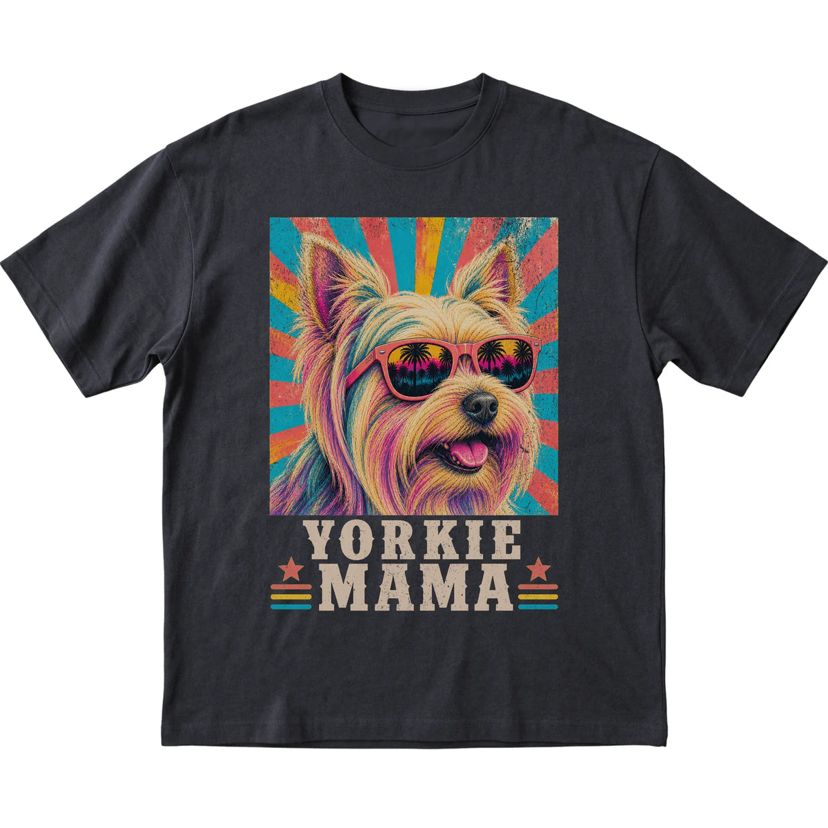 Retro Yorkie Mama design on a Black softstyle T-shirt