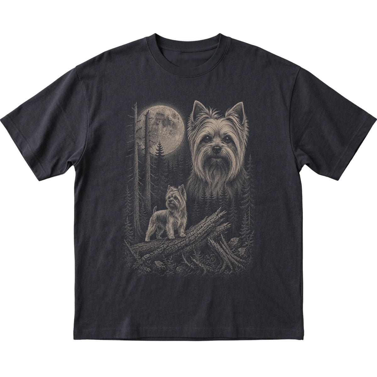 Yorkie Moonlit Forest graphic on a black Softstyle T-shirt laid flat