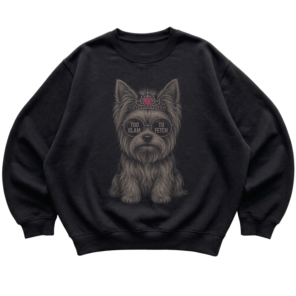 Black Yorkie Too Glam To Fetch T-Shirt laid flat