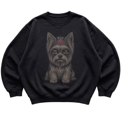 Black Yorkie Too Glam To Fetch T-Shirt laid flat