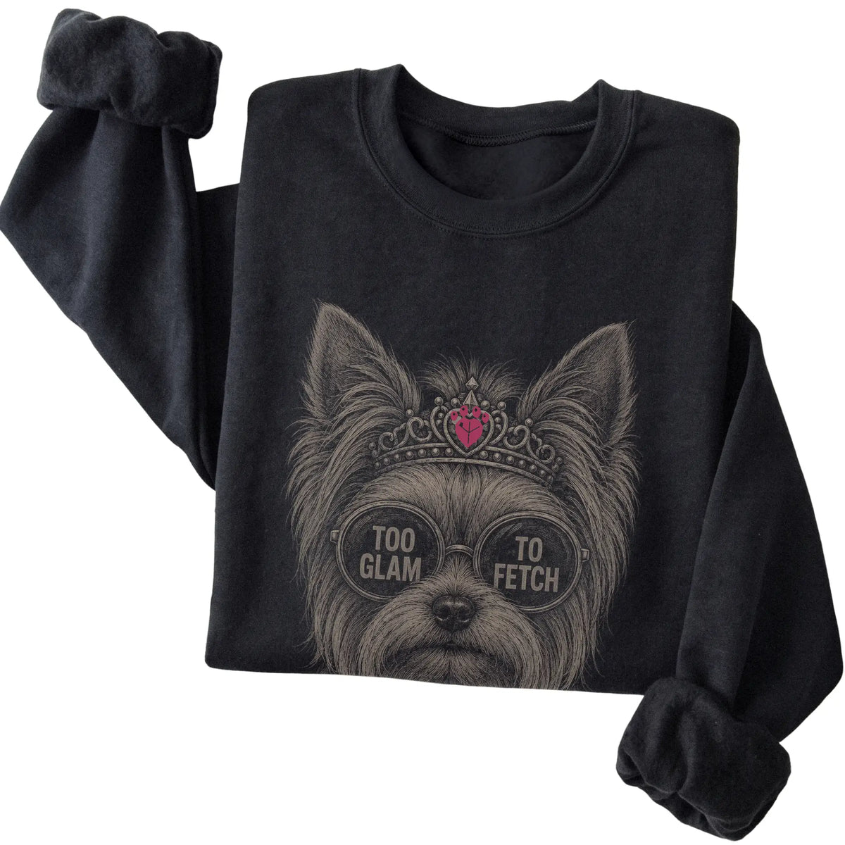 Black Yorkie Too Glam To Fetch T-Shirt folded detail