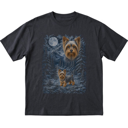 black T-shirt with Yorkie Winter Moon artwork.
