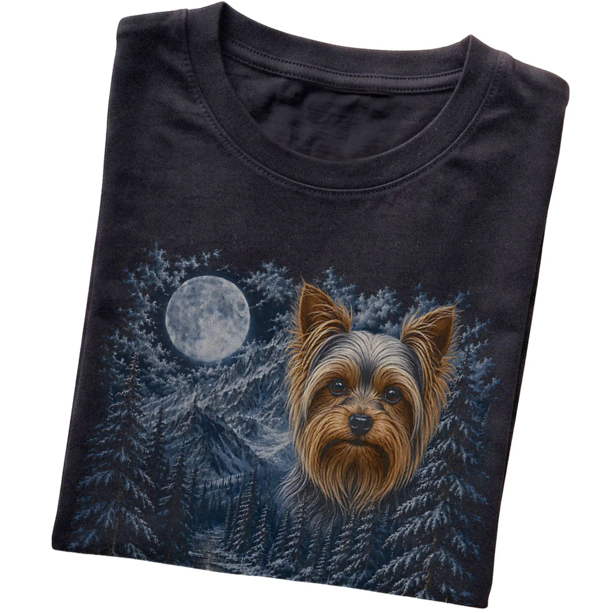 Folded black T-shirt with Yorkie Winter Moon artwork.