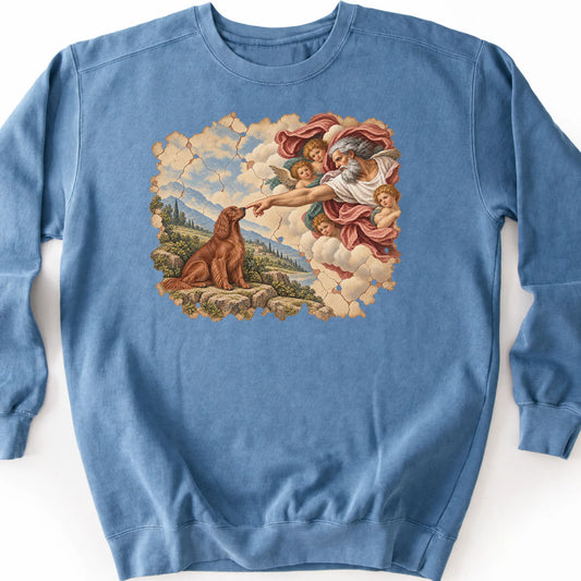 Irish Setter Creation of Adam design on a blue jean sweatshirt
