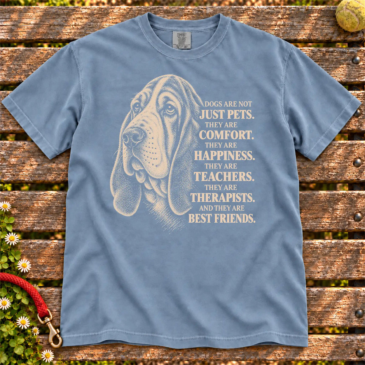 Dogs Are Not Just Pets Basset Hound text design on a Blue Jean Comfort Colors T-shirt