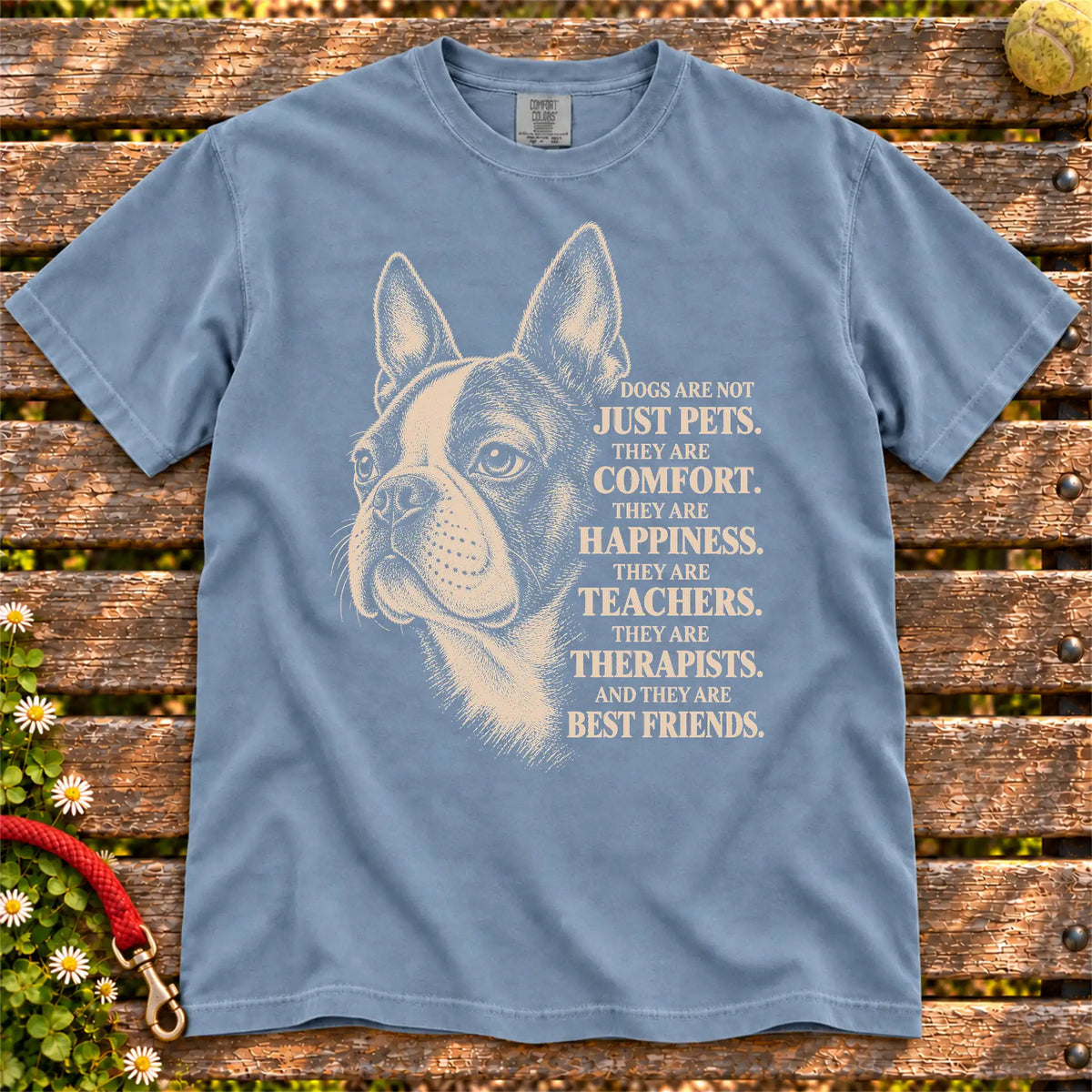 Dogs Are Not Just Pets Boston Terrier text design on a Blue Jean Comfort Colors T-shirt