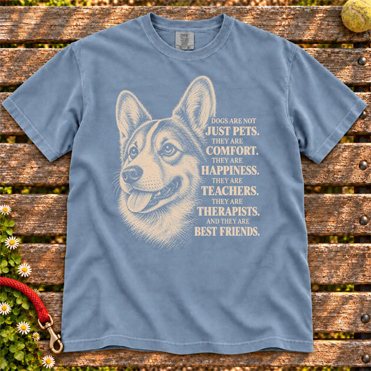Dogs Are Not Just Pets Corgi text design on a Blue Jean Comfort Colors T-shirt