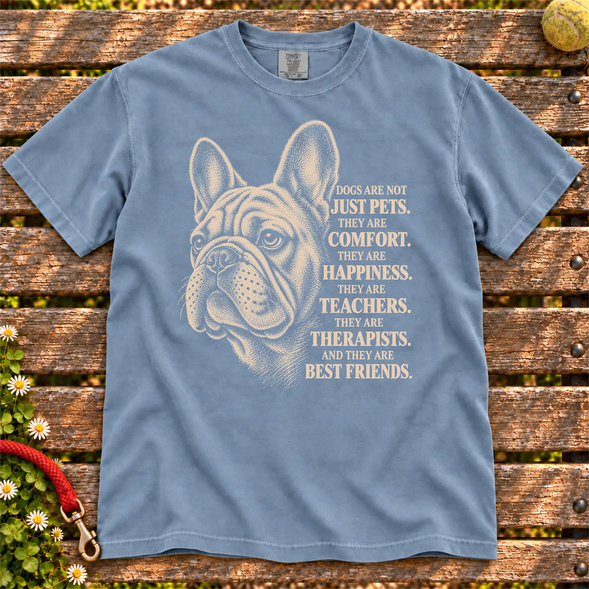 Dogs Are Not Just Pets French Bulldog text design on a Blue Jean Comfort Colors T-shirt