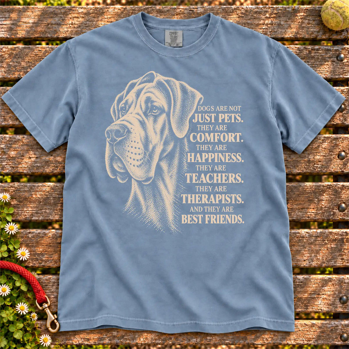 Dogs Are Not Just Pets Great Dane text design on a Blue Jean Comfort Colors T-shirt