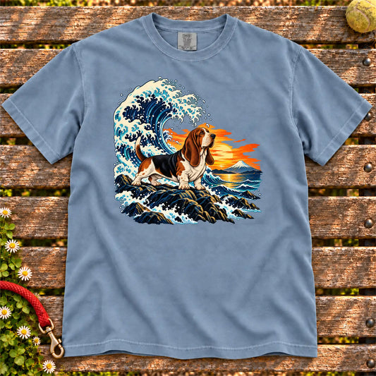 Basset Hound dog with ocean waves, sunset and Mount Fuji on a Blue Jean Comfort Colors T-shirt
