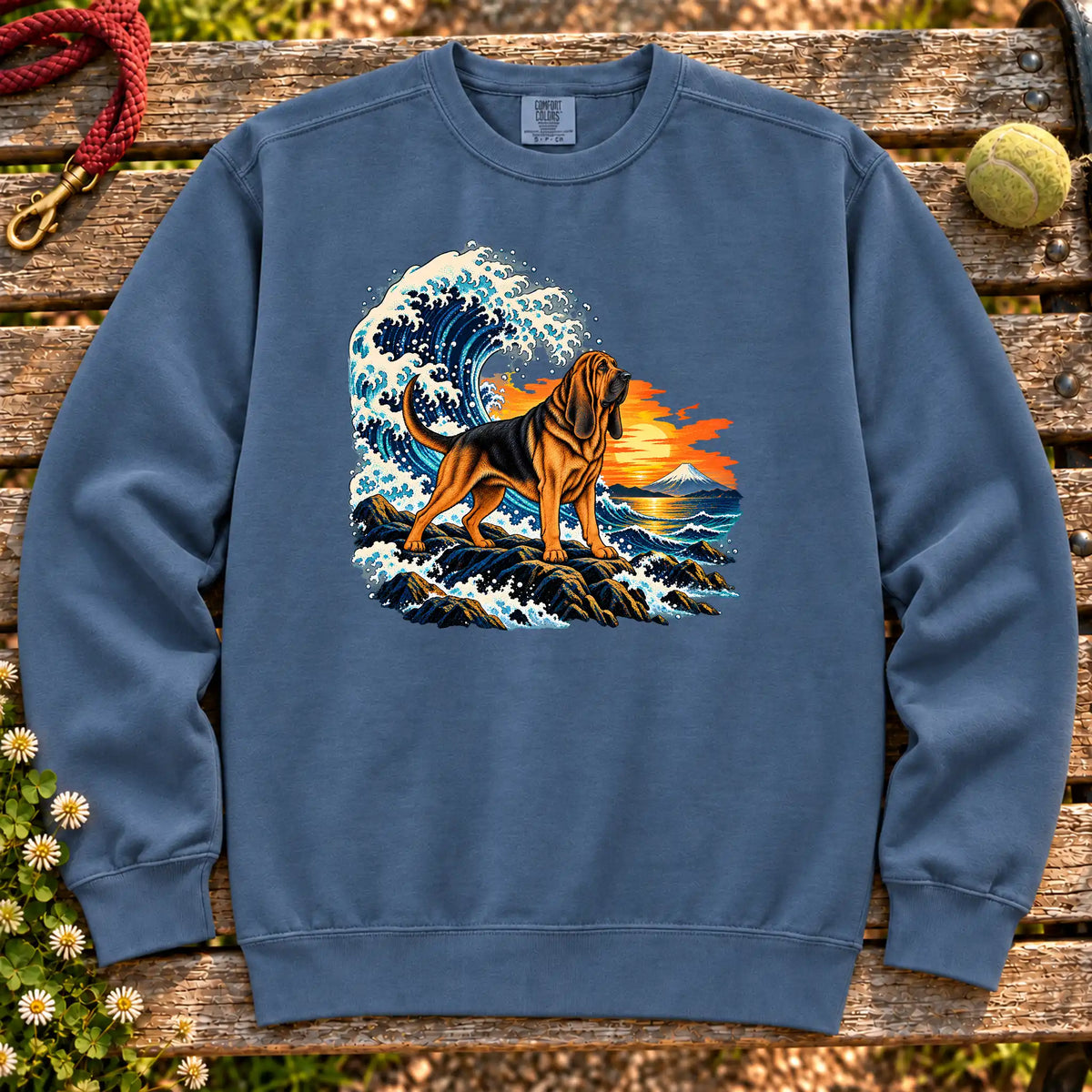 Bloodhound dog with ocean waves, sunset and Mount Fuji on a Blue Jean Comfort Colors sweatshirt