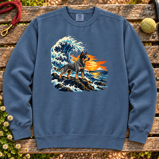 Blue Heeler dog with ocean waves, sunset and Mount Fuji on a Blue Jean Comfort Colors sweatshirt