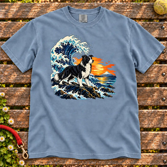 Border Collie dog with ocean waves, sunset and Mount Fuji on a Blue Jean Comfort Colors T-shirt