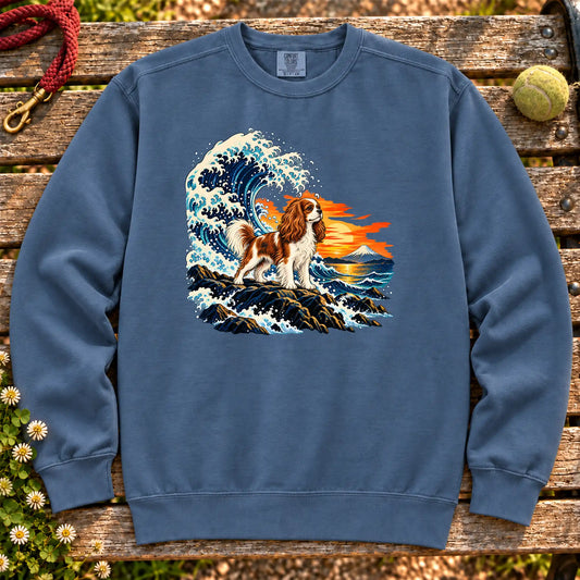 Cavalier King Charles Spaniel dog with ocean waves, sunset and Mount Fuji on a Blue Jean Comfort Colors sweatshirt